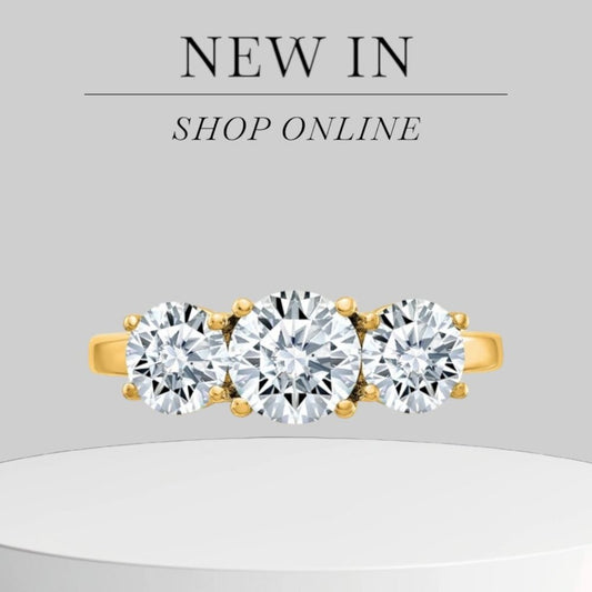 14K Yellow Gold 2.2 CT TRUE Light Moissanite Three Stone Engagement Ring