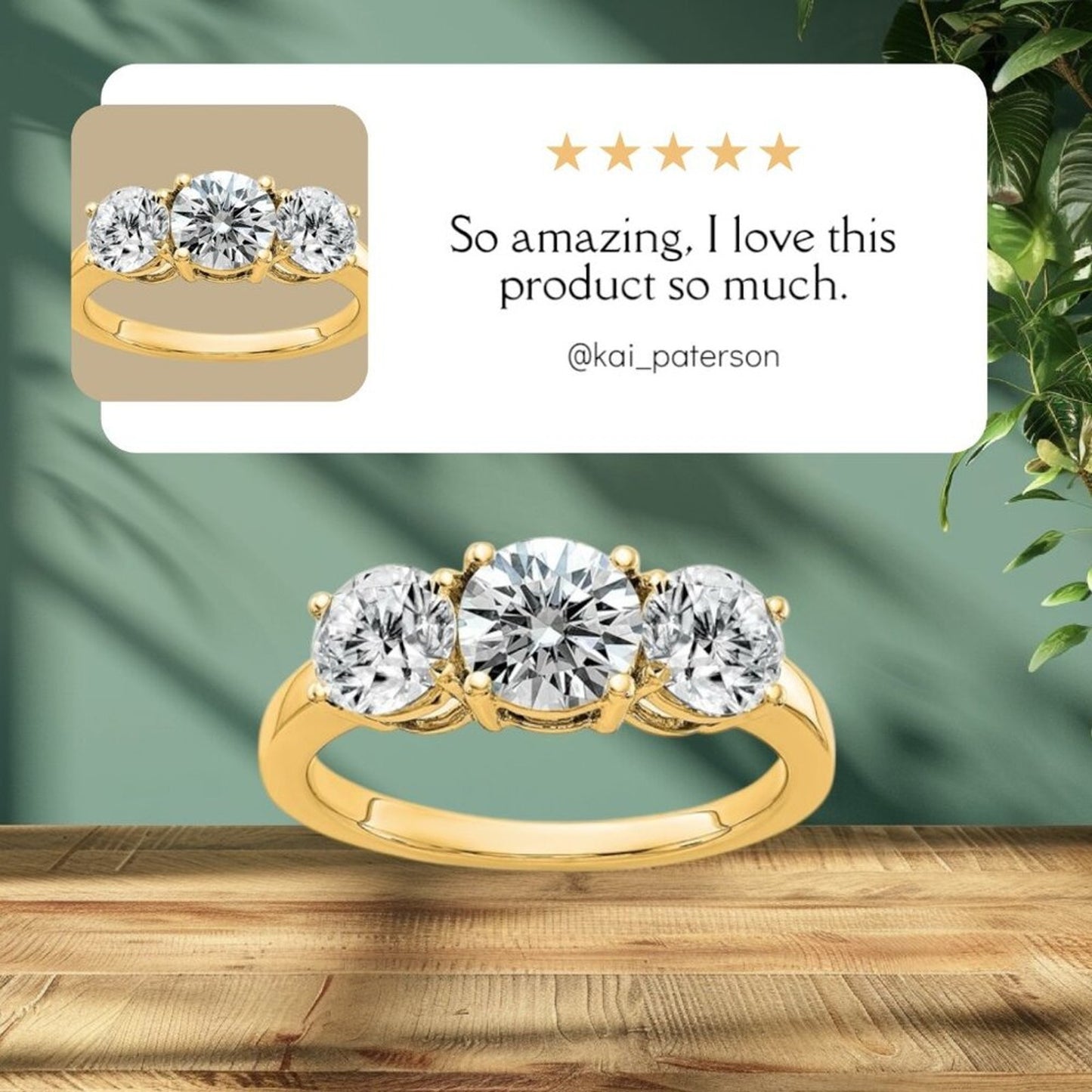 14K Yellow Gold 2.2 CT TRUE Light Moissanite Three Stone Engagement Ring