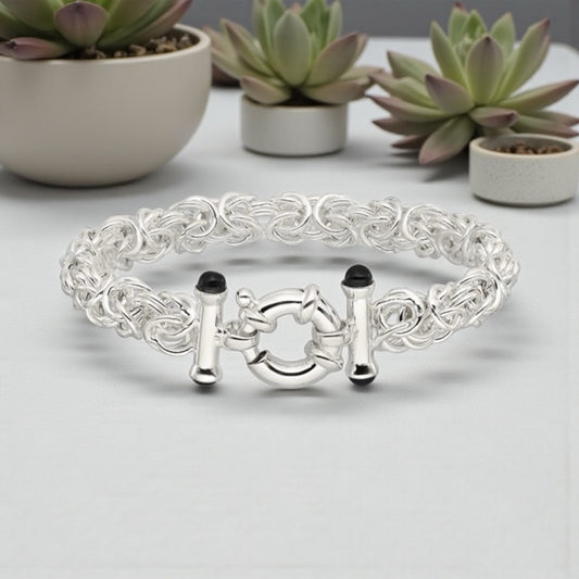 925 Solid Sterling Silver Black Onyx Byzantine Bracelet – 8" long- Brand New