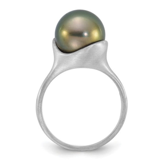 Modern Elegance: 14K White Gold Brushed Black Tahitian Pearl Ring