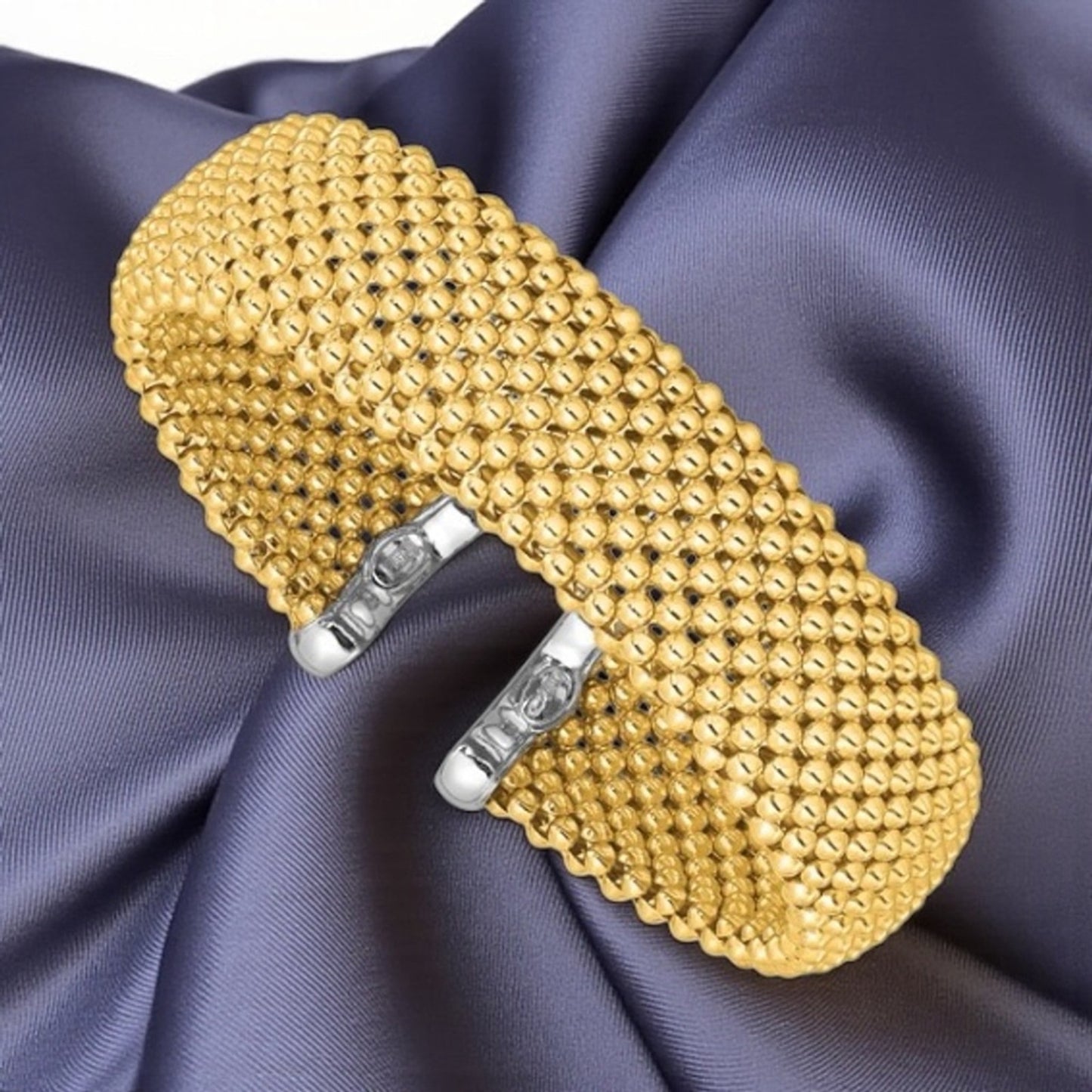 Herco Sterling Silver Rhodium-plated and Gold-tone Polished Beaded Cuff Bangle