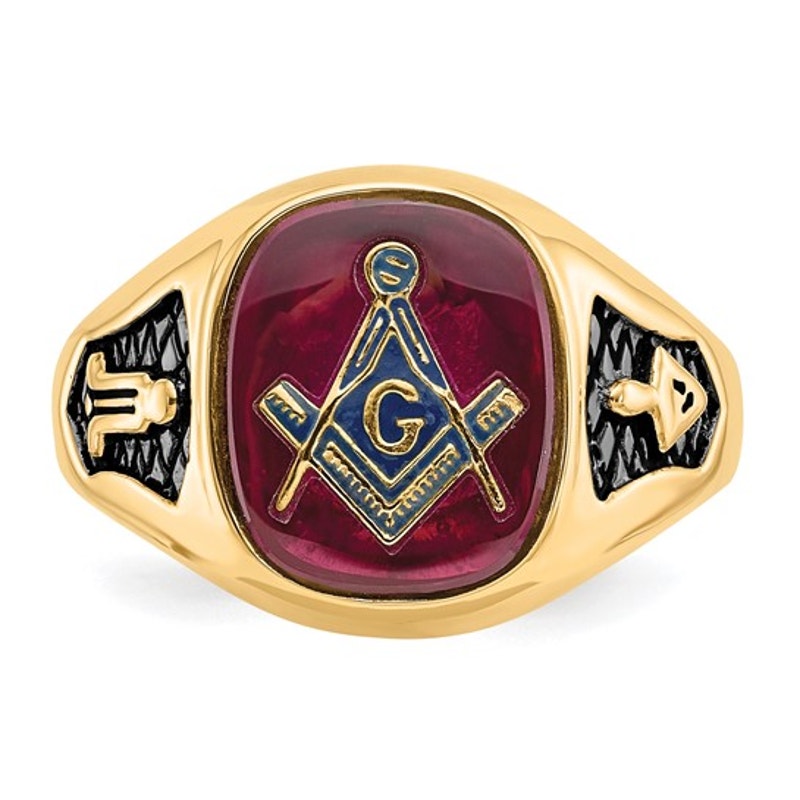 14k Gold Men's Lab Created Ruby Masonic Ring