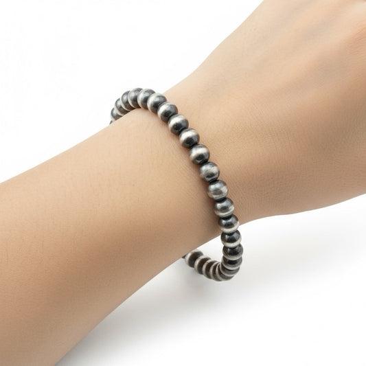 Sterling Silver 6.5in 4.00mm Navajo Style Beaded Stretch Bracelet