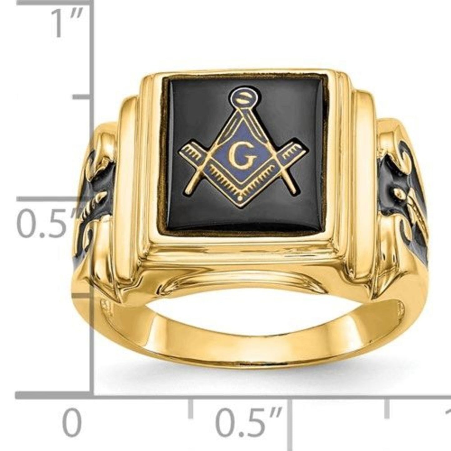 New 10k Men's Polished and Textured with Black Enamel and Onyx Masonic Ring