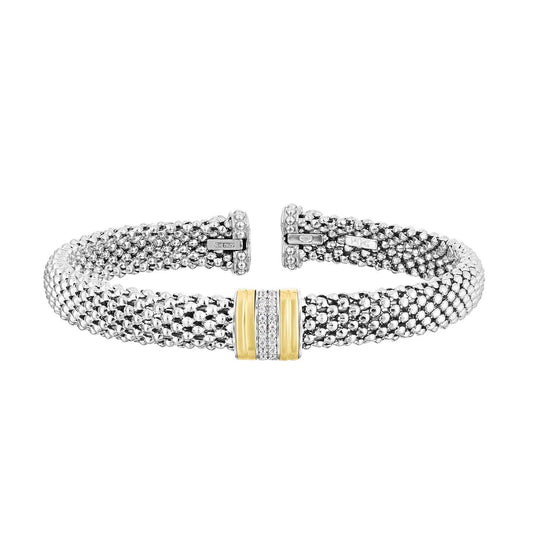 Silver & 18K .10ct Diamond Bars Popcorn Cuff Bangle by Phillip Gavriel