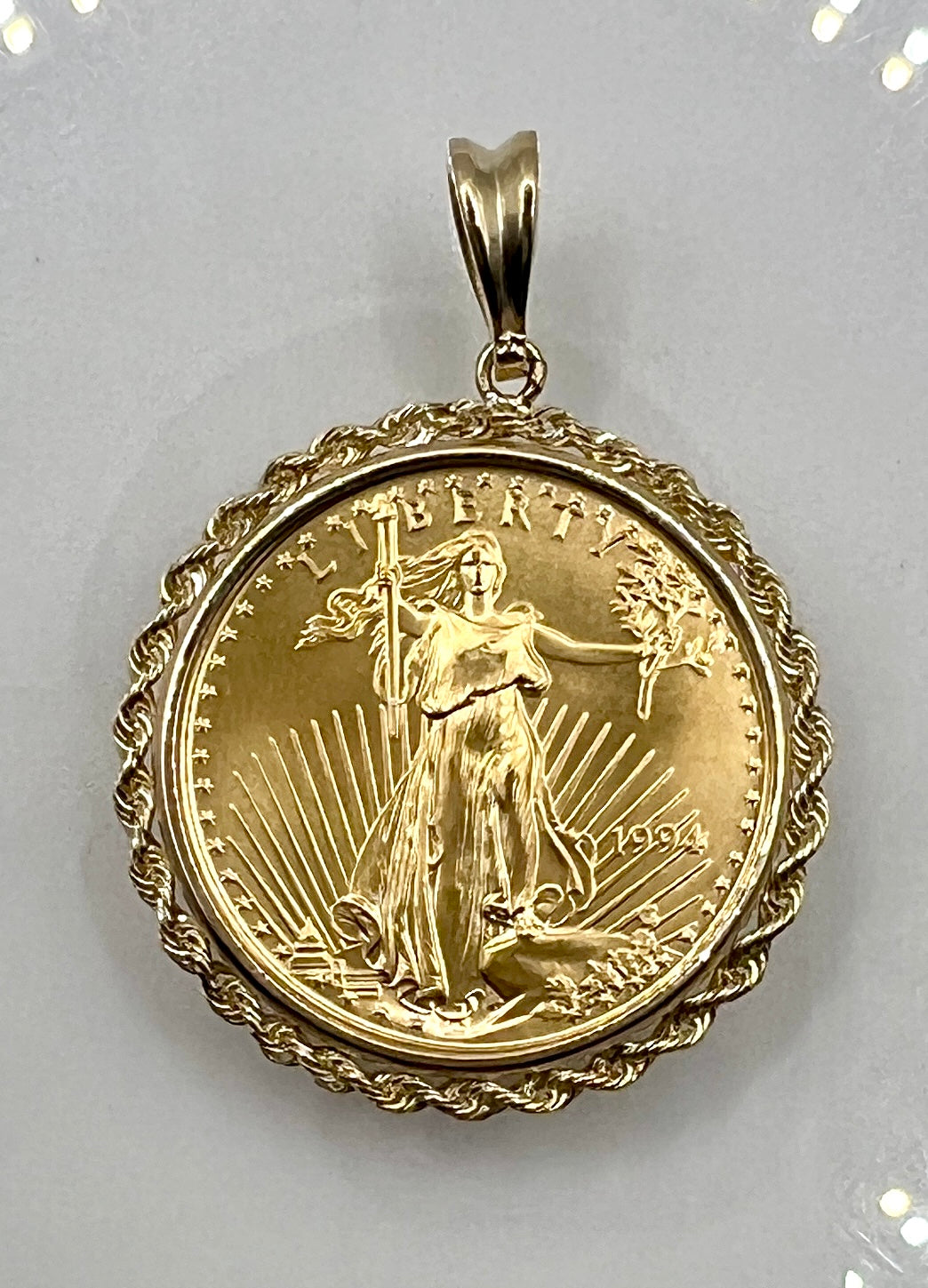 Wideband Distinguished Coin Jewelry 14k Polished Rope Mounted 1/2oz American Eagle Prong Coin Bezel Pendant