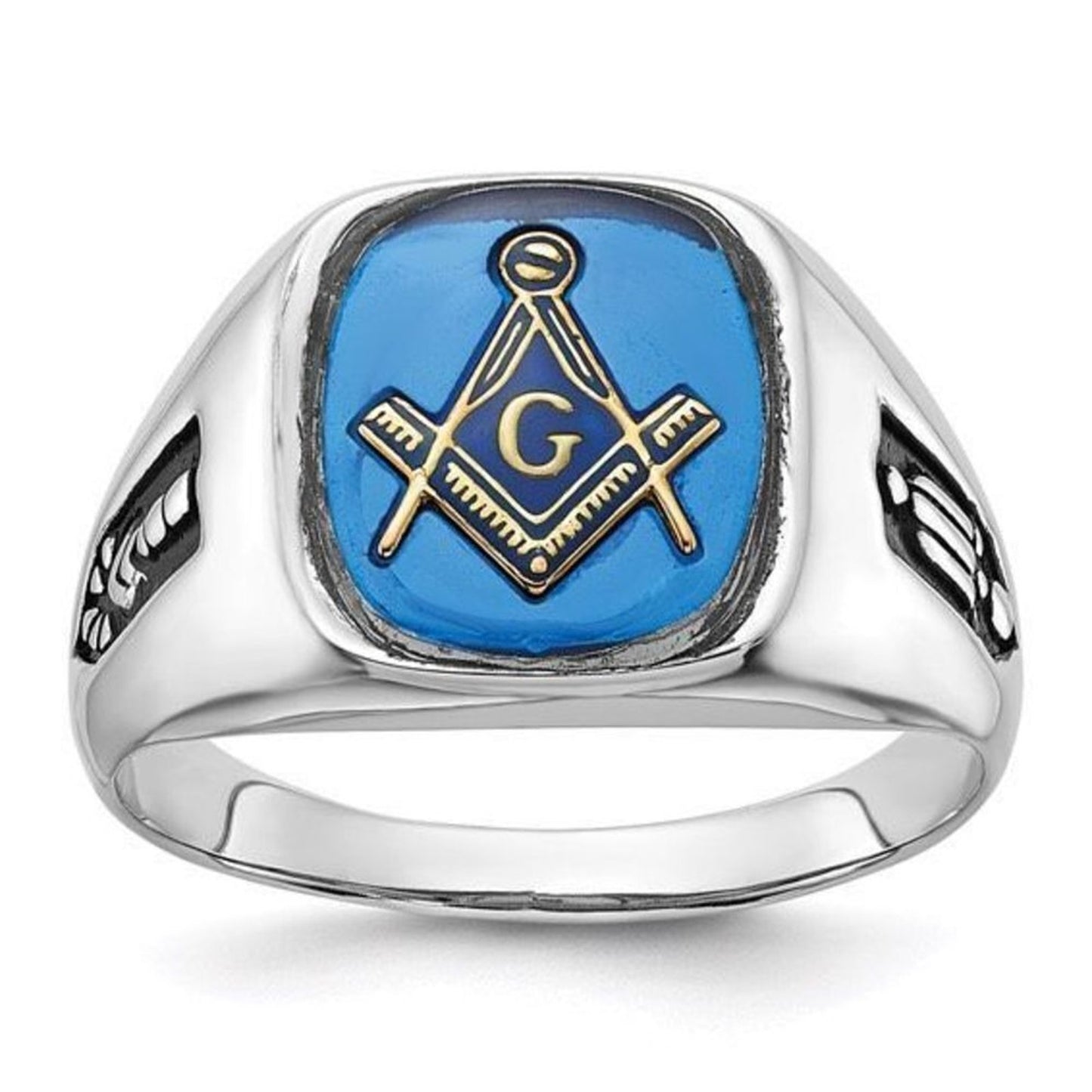 10k White Gold Men's Black Enamel and Imitation Blue Spinel Masonic Ring: