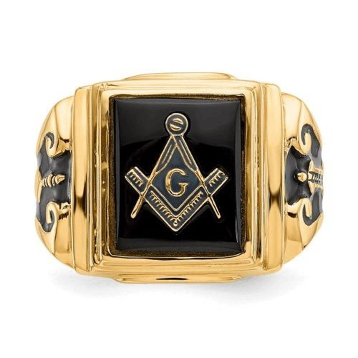 New 10k Men's Polished and Textured with Black Enamel and Onyx Masonic Ring