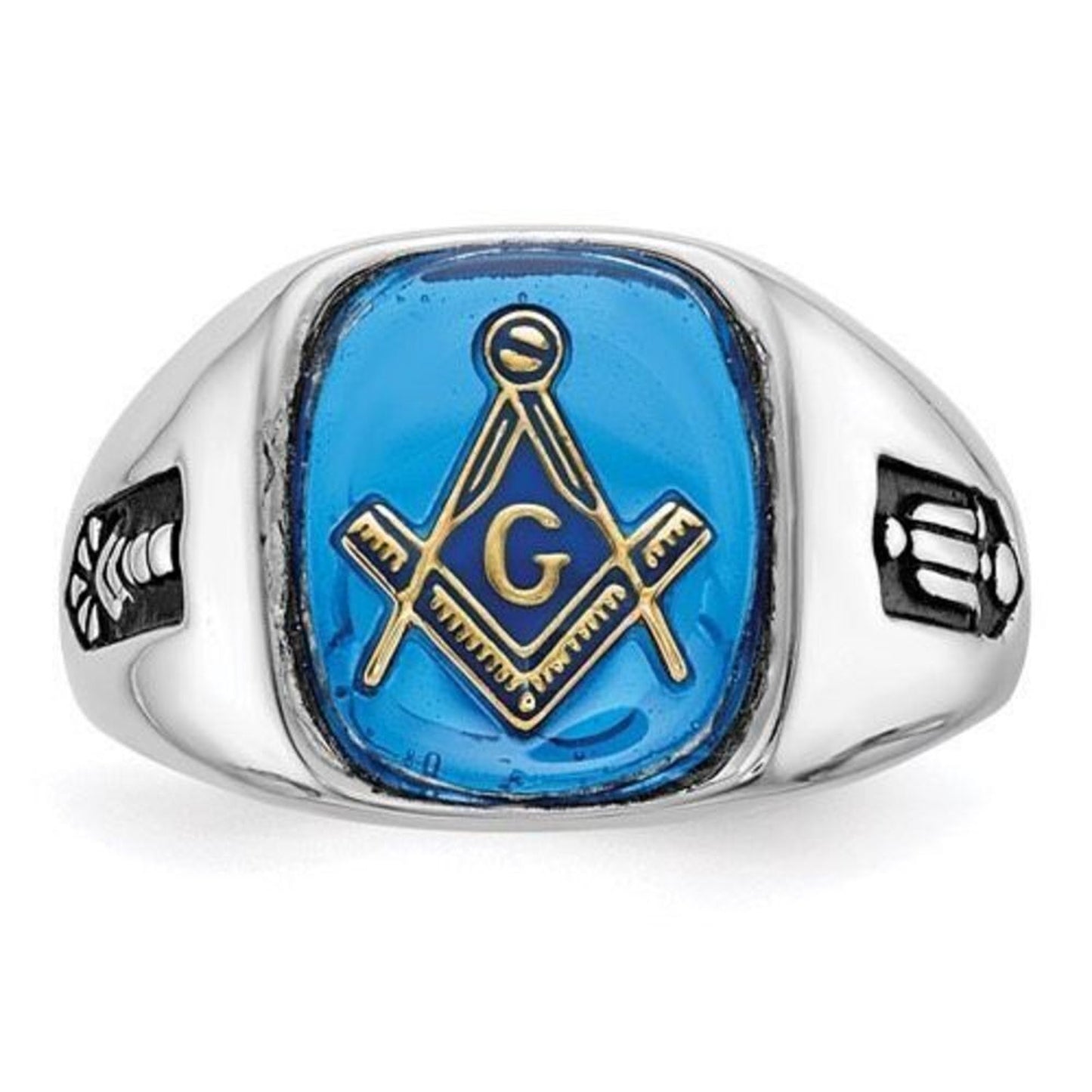 10k White Gold Men's Black Enamel and Imitation Blue Spinel Masonic Ring:
