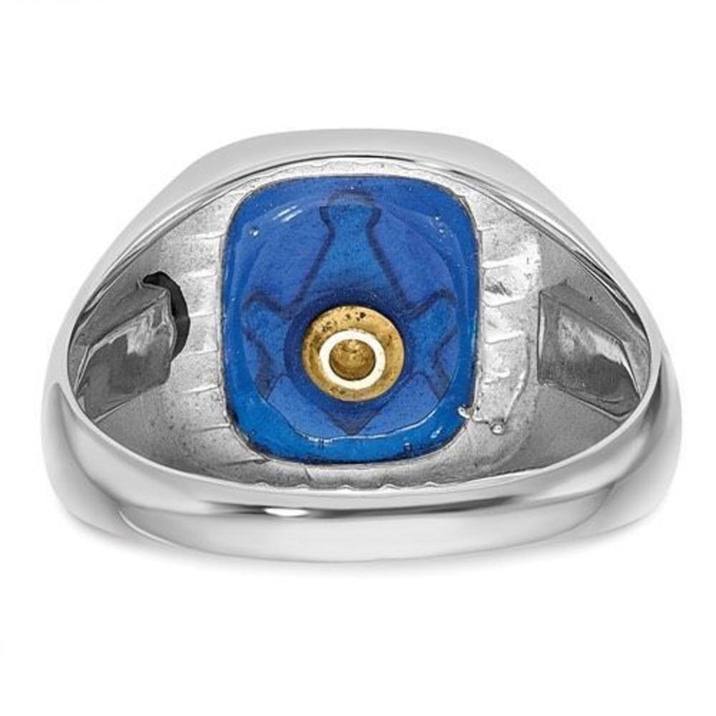10k White Gold Men's Black Enamel and Imitation Blue Spinel Masonic Ring:
