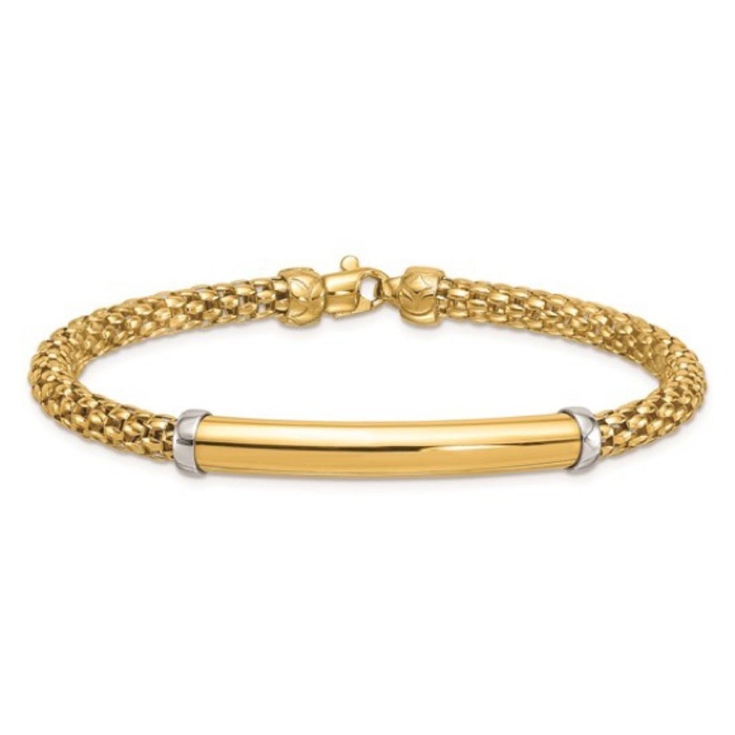 14K Two-tone Polished Popcorn Mesh Bar 7.5 inch Bracelet