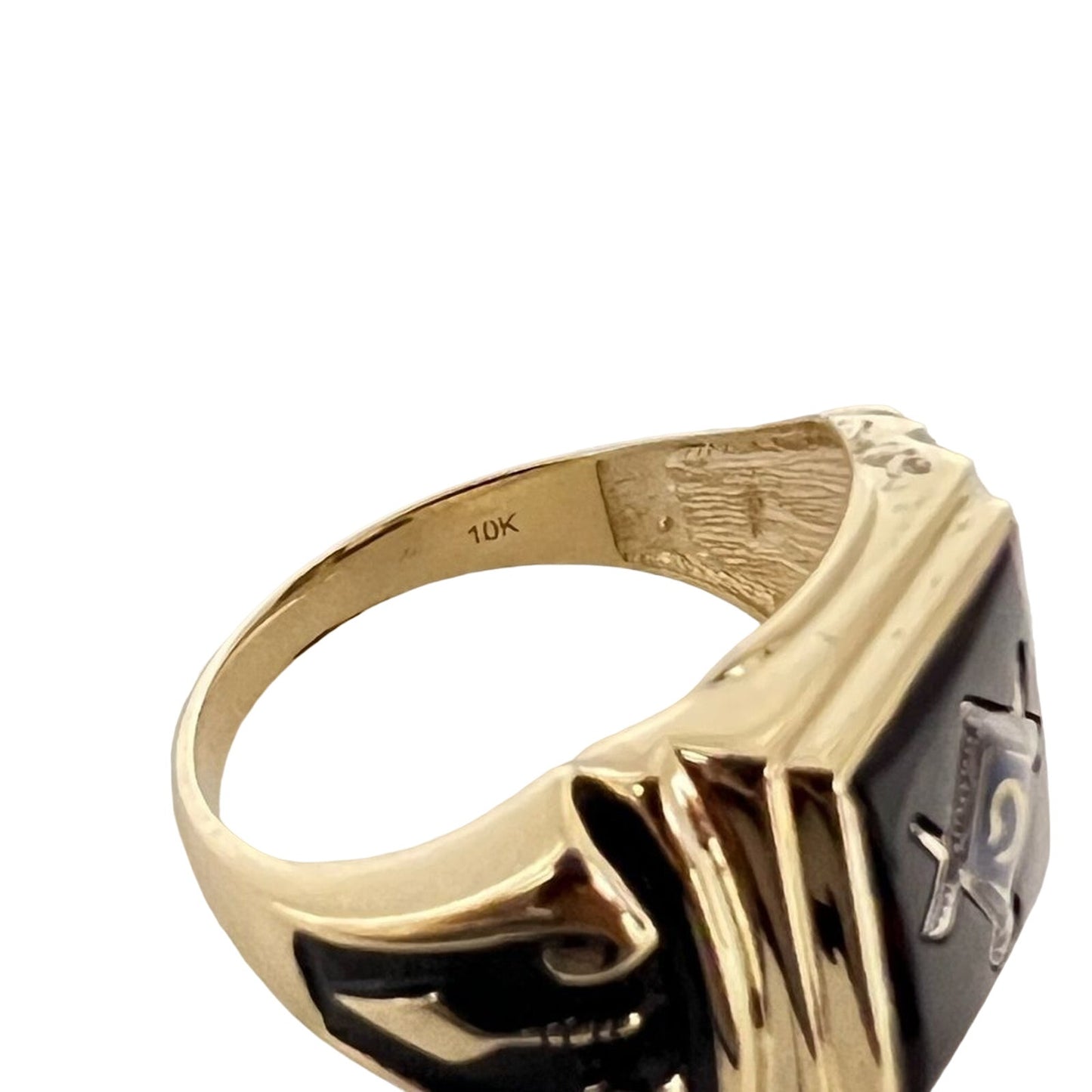 New 10k Men's Polished and Textured with Black Enamel and Onyx Masonic Ring