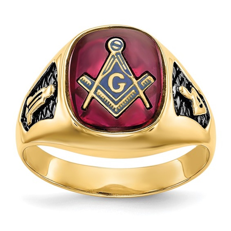 14k Gold Men's Lab Created Ruby Masonic Ring
