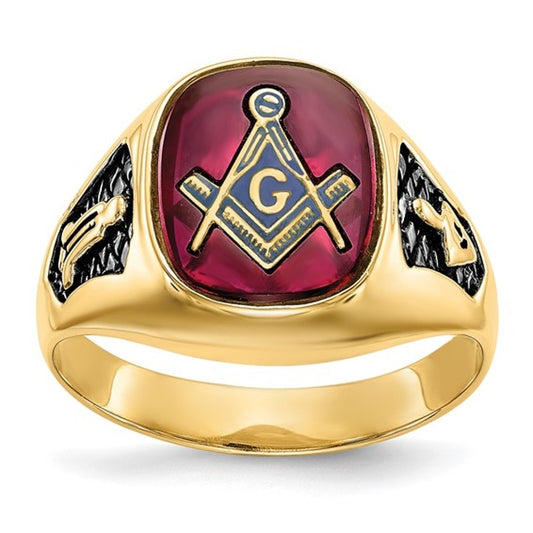 14k Gold Men's  Lab Created Ruby Masonic Ring