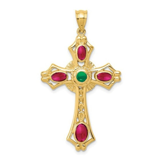 Vintage 14k Yellow Gold Cross with Rubies and Emerald