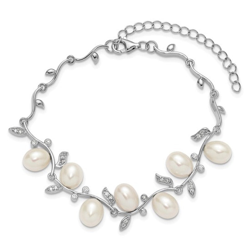 Sterling Silver Rhodium-Plated Teardrop Freshwater Pearl & CZ Leaf Bracelet