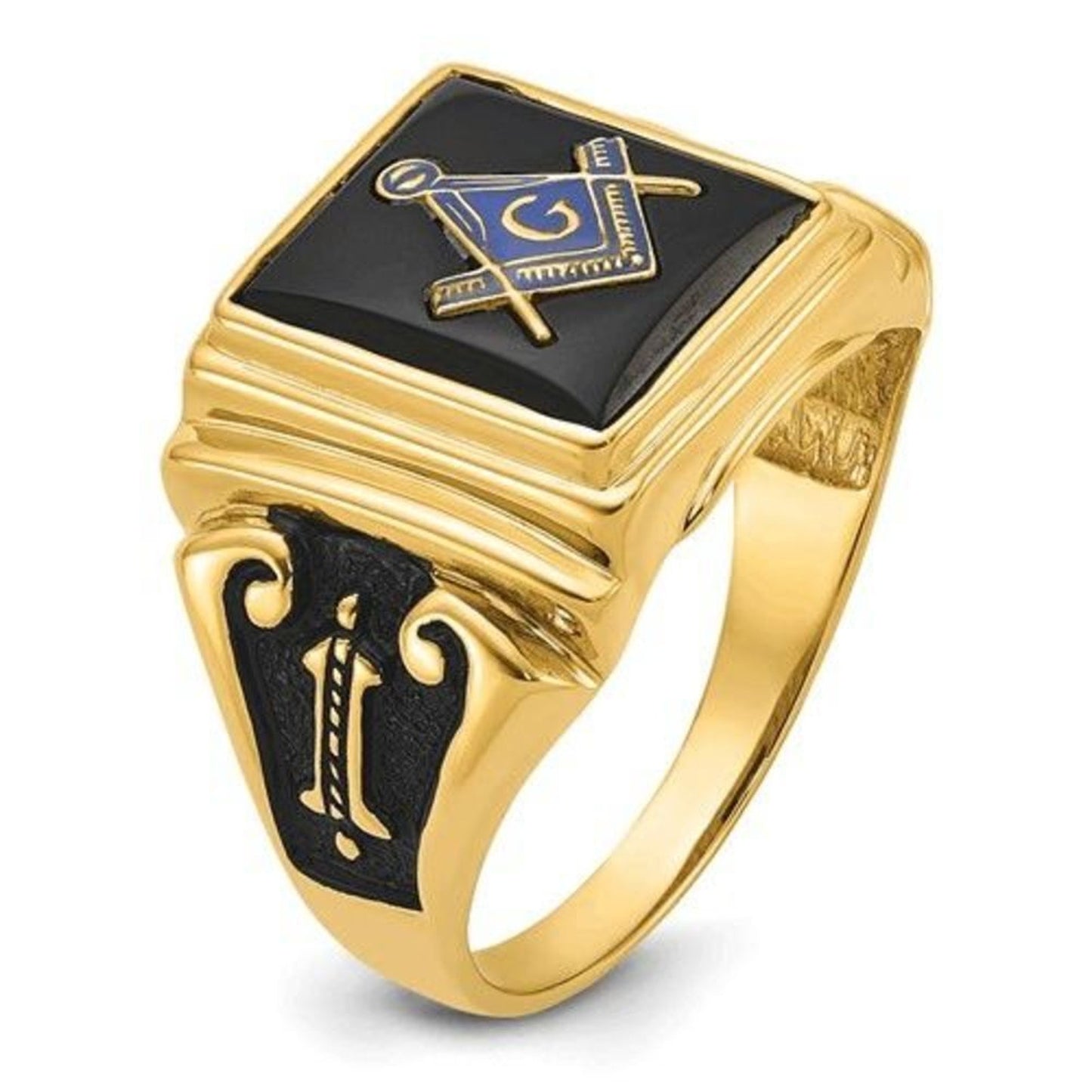 New 10k Men's Polished and Textured with Black Enamel and Onyx Masonic Ring
