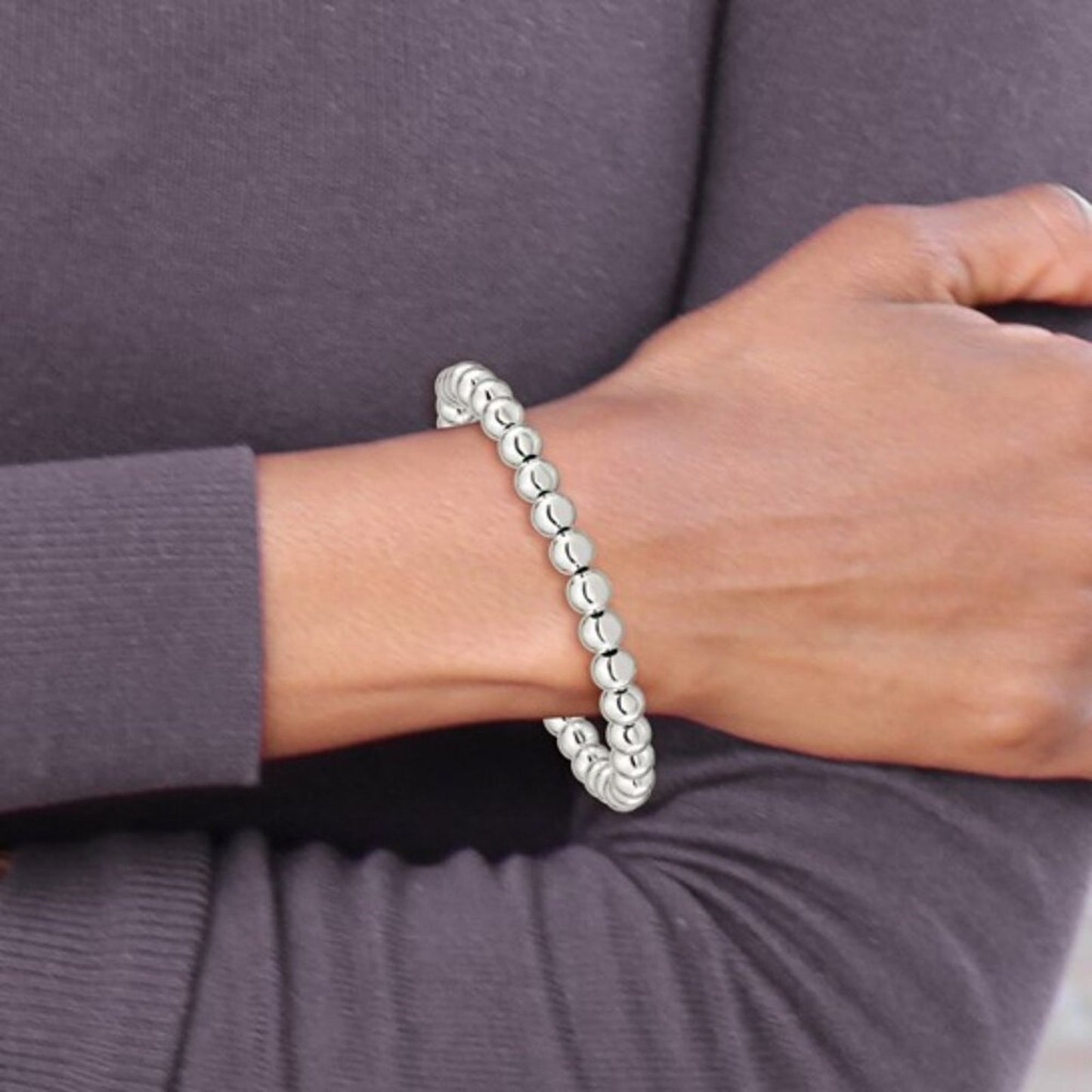 Sterling Silver Polished 6mm Bead Slip-on Stretch Bracelet – Made in Italy