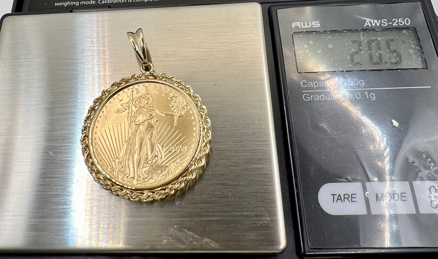 Wideband Distinguished Coin Jewelry 14k Polished Rope Mounted 1/2oz American Eagle Prong Coin Bezel Pendant