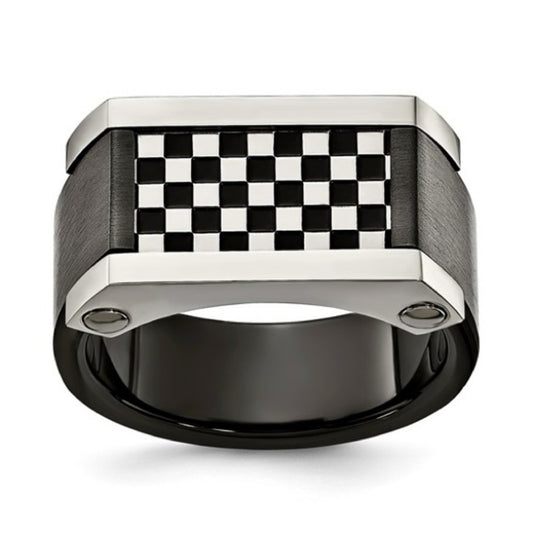 Stainless Steel 11.5mm Checkerboard Signet Ring – Size 10