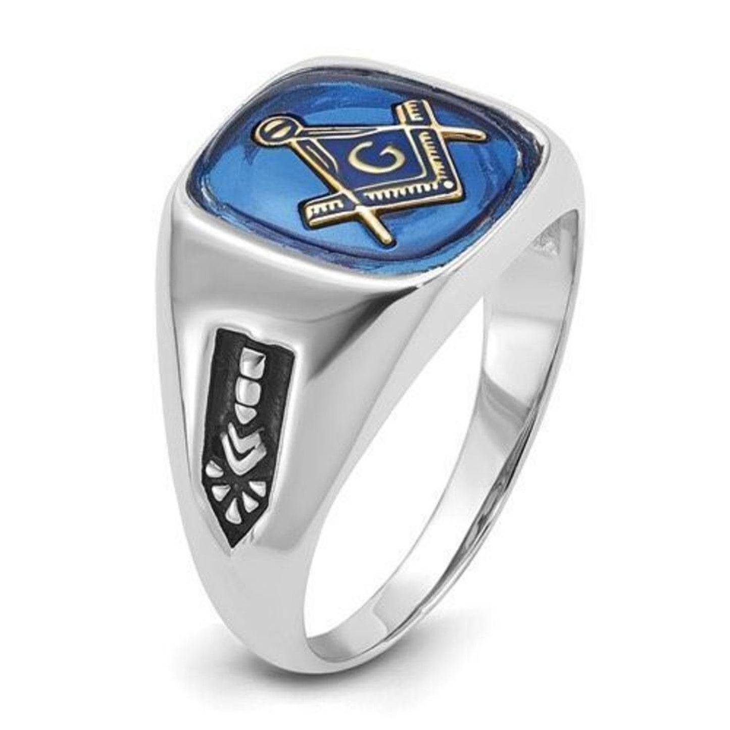 10k White Gold Men's Black Enamel and Imitation Blue Spinel Masonic Ring: