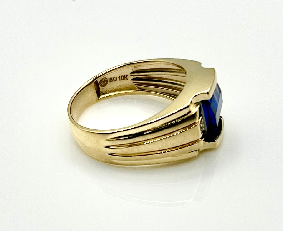 10k Gold Men's Created Sapphire and Diamond Ring