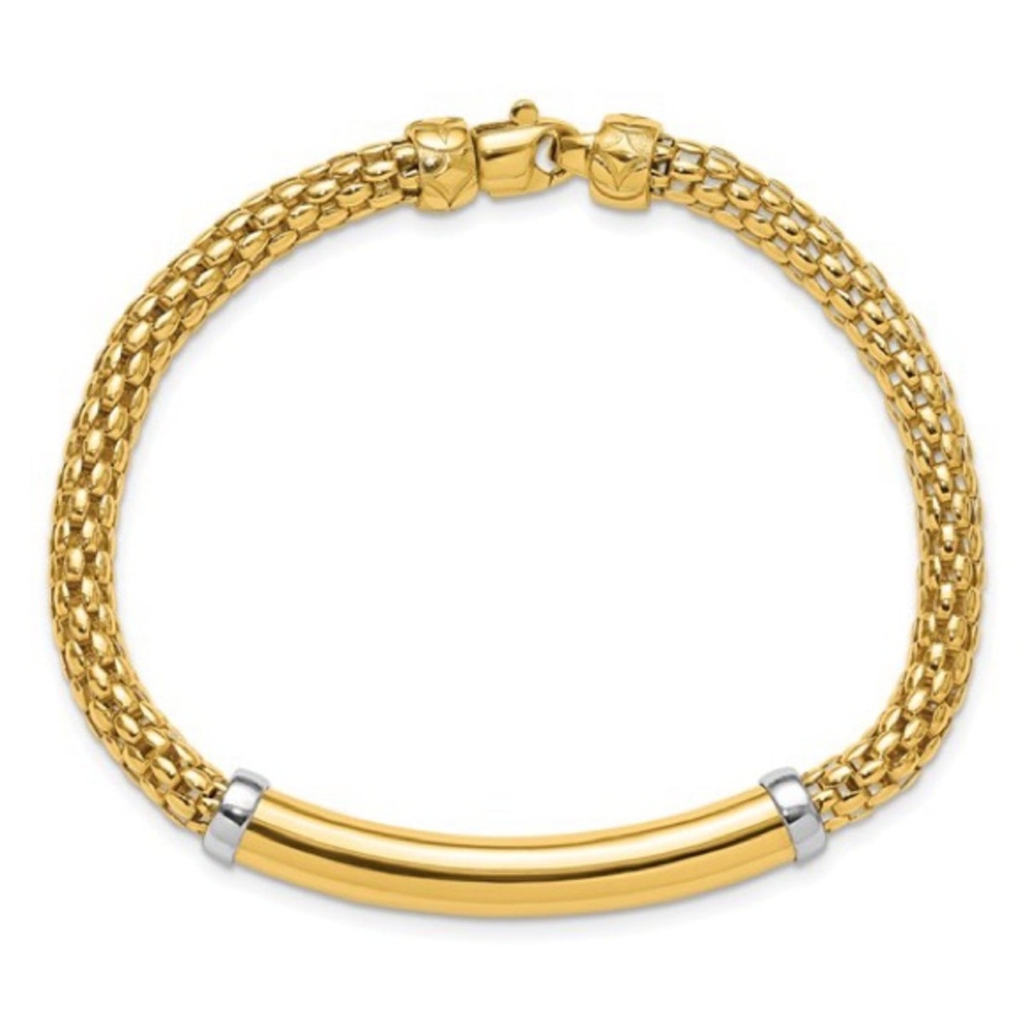 14K Two-tone Polished Popcorn Mesh Bar 7.5 inch Bracelet