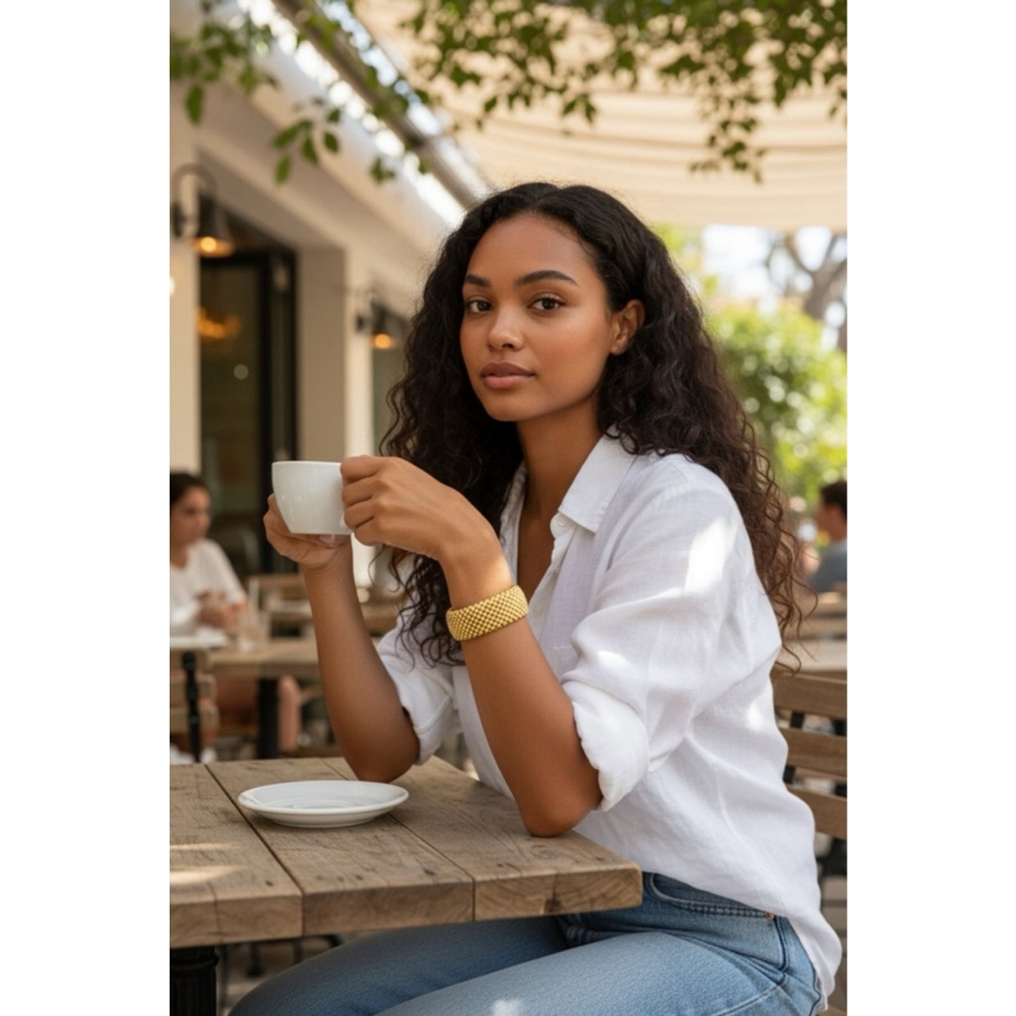Herco Sterling Silver Rhodium-plated and Gold-tone Polished Beaded Cuff Bangle