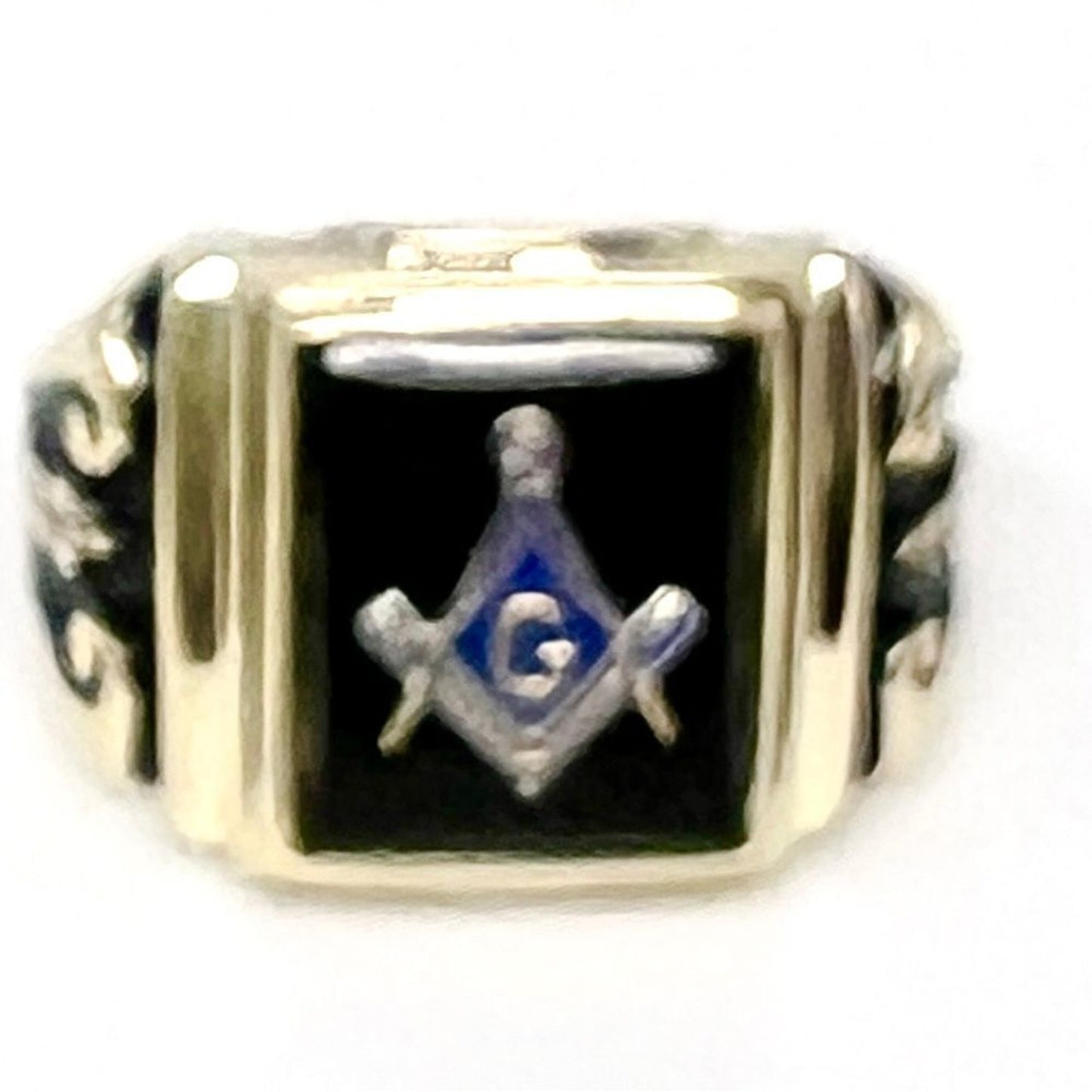 New 10k Men's Polished and Textured with Black Enamel and Onyx Masonic Ring