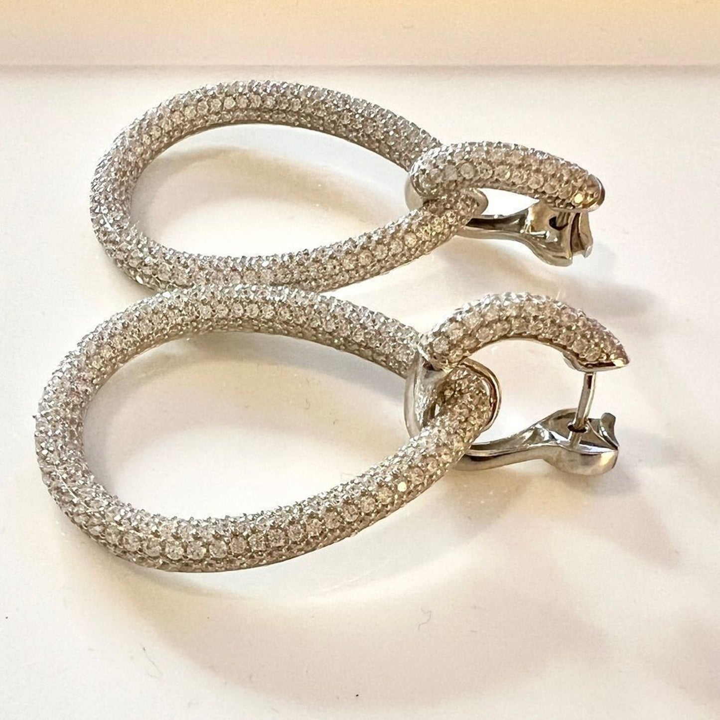 Sterling Silver Rhodium-plated 716 Stone Pavé CZ Hinged Teardrop Hoop Earrings