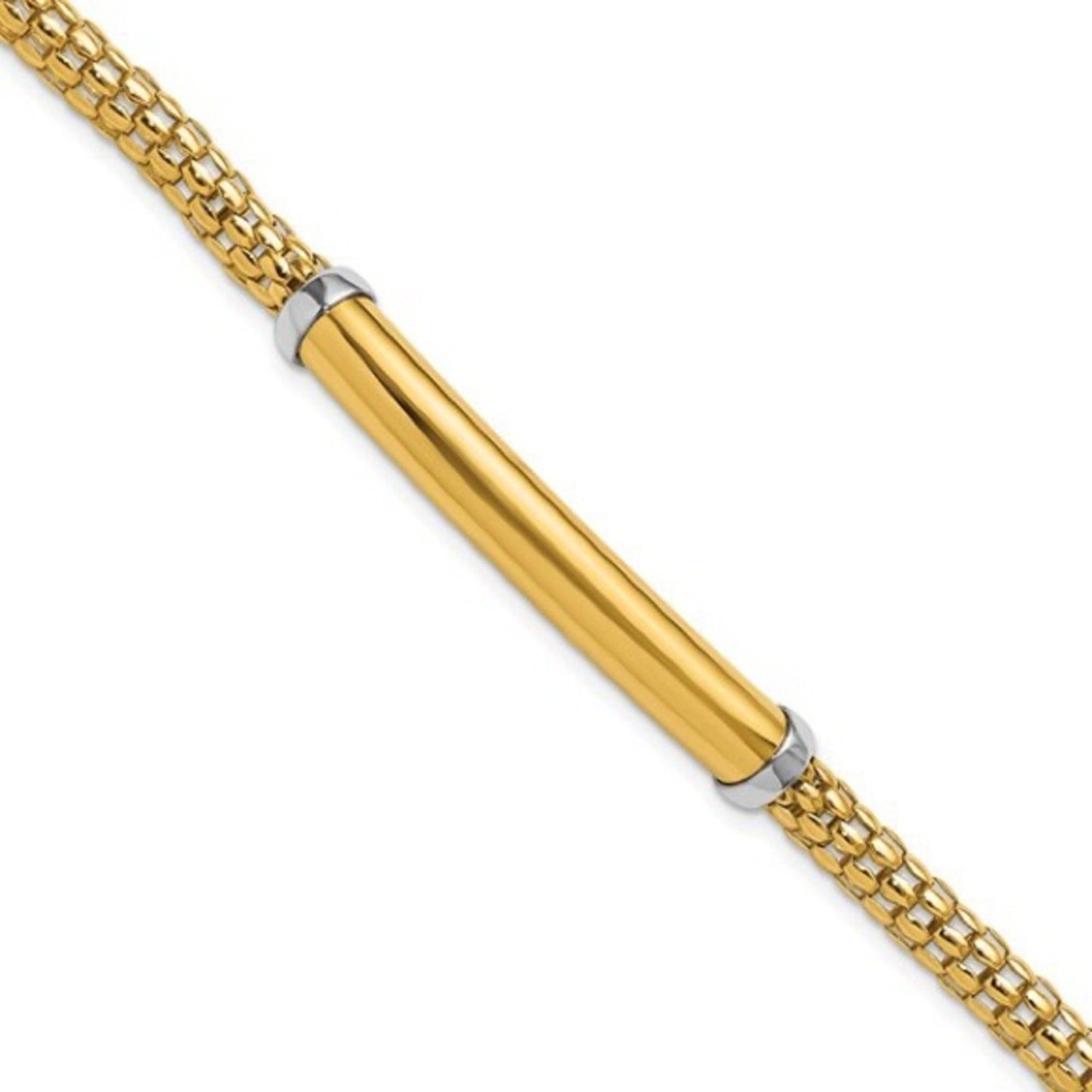14K Two-tone Polished Popcorn Mesh Bar 7.5 inch Bracelet