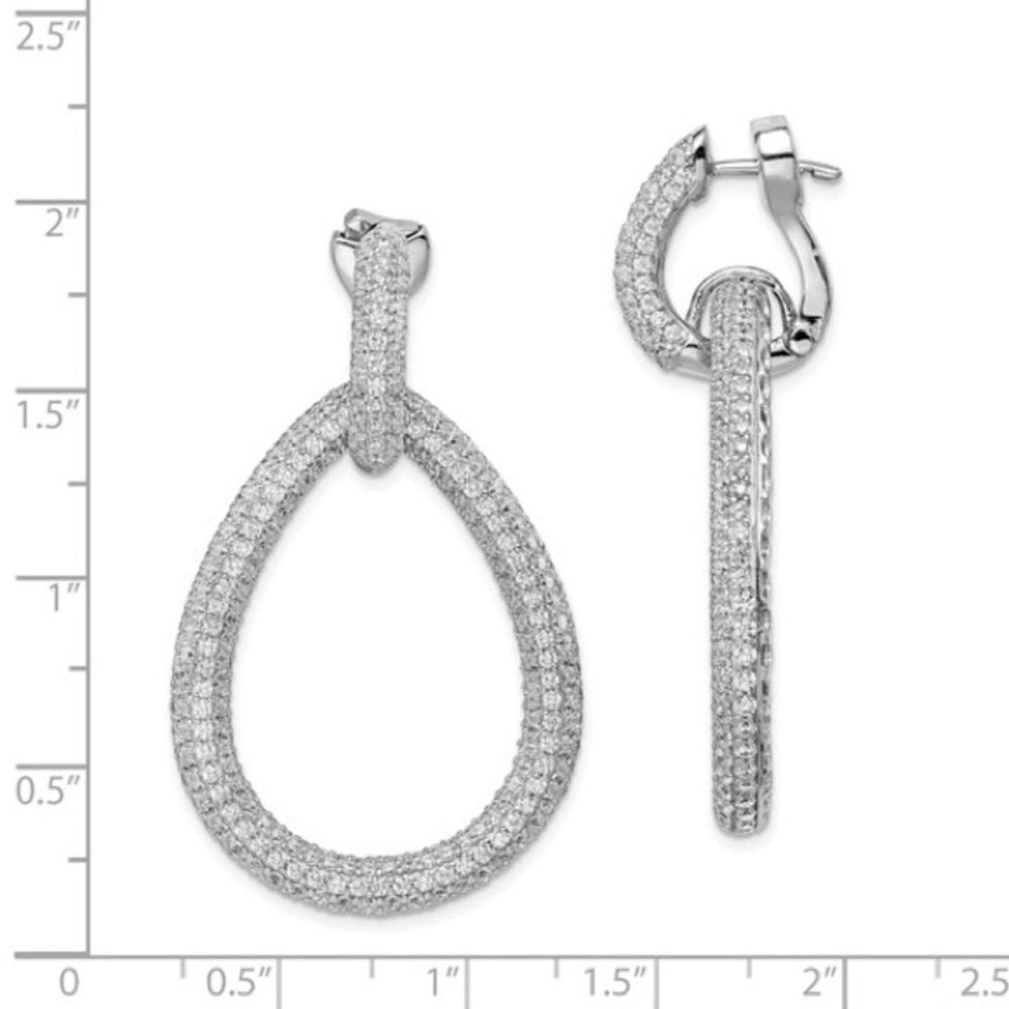 Sterling Silver Rhodium-plated 716 Stone Pavé CZ Hinged Teardrop Hoop Earrings