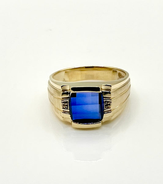 10k Gold Men's Created Sapphire and Diamond Ring