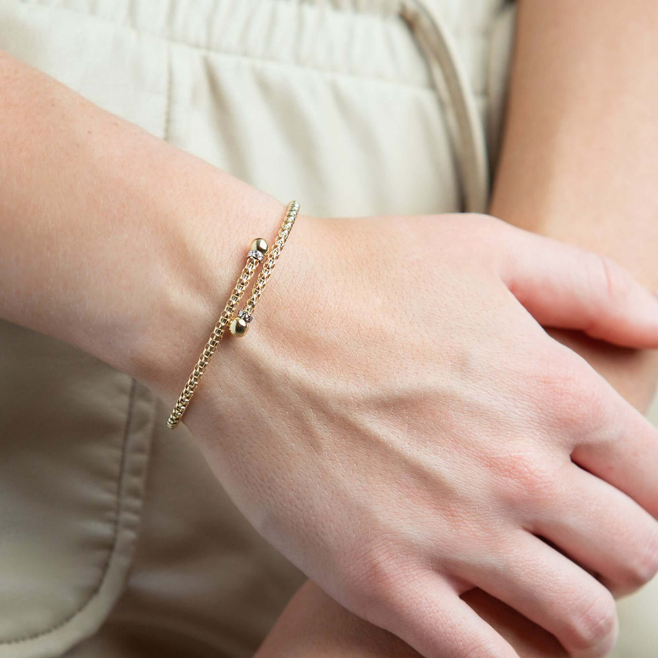 14K Gold Two-tone Small Bypass Popcorn Bangle