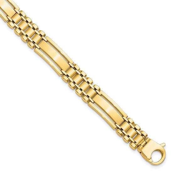 14k Polished and Satin 8.8mm Fancy Bar Link 8.5 inch Mens Bracelet
