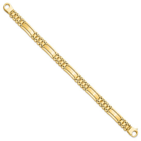 14k Polished and Satin 8.8mm Fancy Bar Link 8.5 inch Mens Bracelet