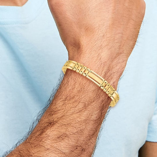 14k Polished and Satin 8.8mm Fancy Bar Link 8.5 inch Mens Bracelet