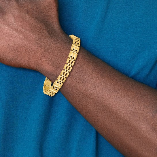14K Yellow Gold 9mm Satin & Polished Men's Link Bracelet – 8.5" (Made in Italy)