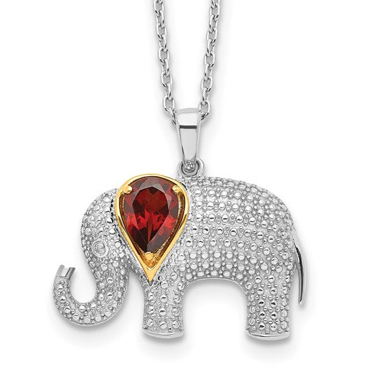 Sterling Silver & 14K Yellow Gold Elephant Pendant Necklace with Genuine Garnet and Diamond Accent