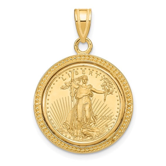 Wideband Distinguished Coin Jewelry 10k Polished and Beaded Mounted 1/10oz American Eagle Coin Bezel Pendant