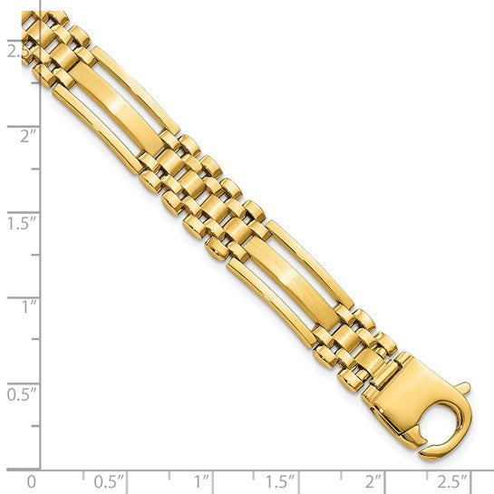 14K Yellow Gold 10mm Polished & Satin Fancy Bar Link Men’s Bracelet – 8.75” Italian Made