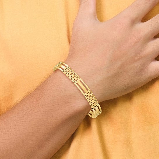 14K Yellow Gold 10mm Polished & Satin Fancy Bar Link Men’s Bracelet – 8.75” Italian Made