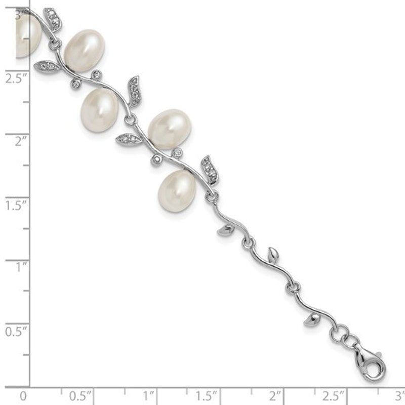 Sterling Silver Rhodium-Plated Teardrop Freshwater Pearl & CZ Leaf Bracelet