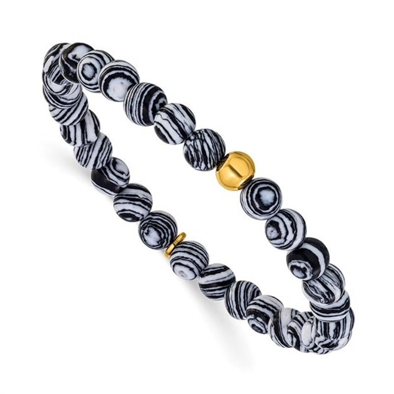 Chisel Stainless Steel Yellow IP-Plated Black Line Agate Beaded Stretch Bracelet
