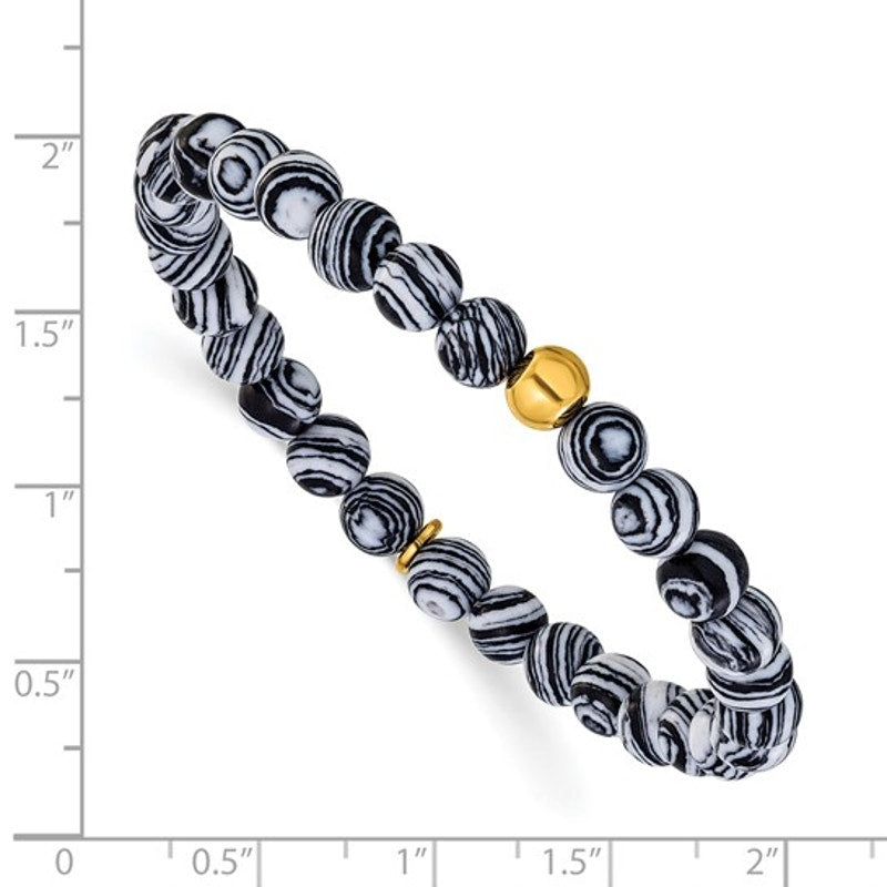 Chisel Stainless Steel Yellow IP-Plated Black Line Agate Beaded Stretch Bracelet