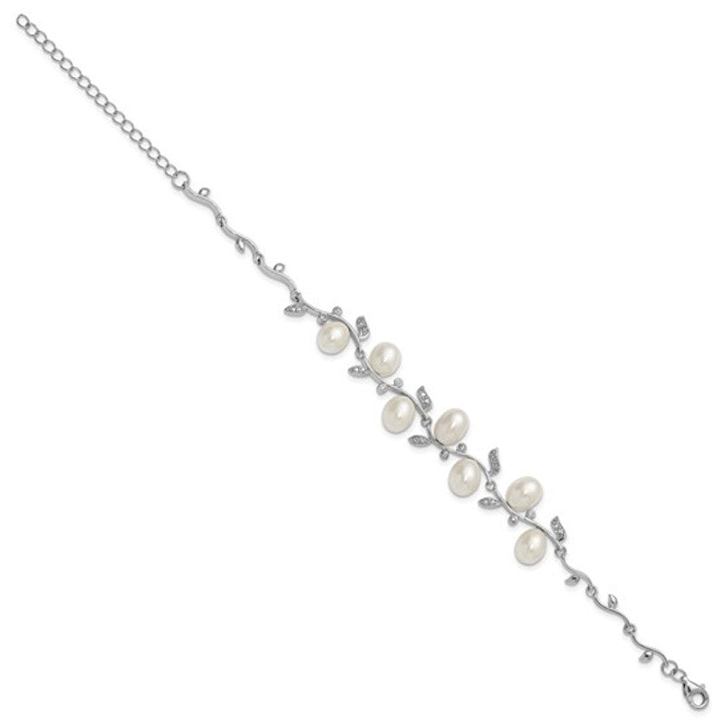 Sterling Silver Rhodium-Plated Teardrop Freshwater Pearl & CZ Leaf Bracelet