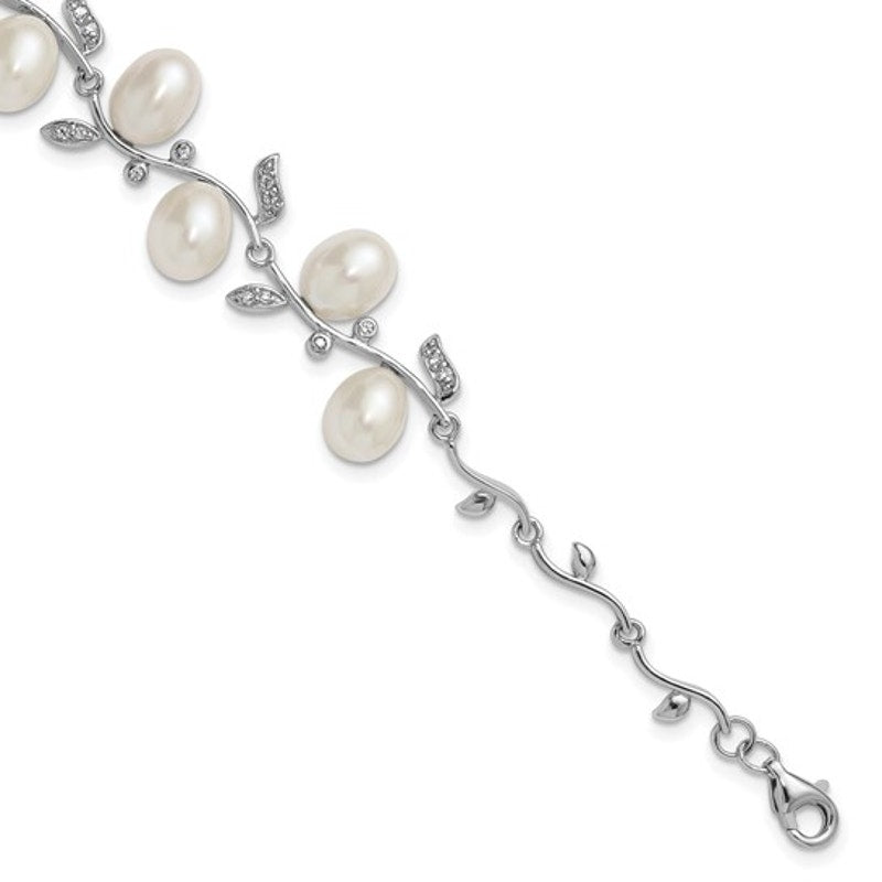 Sterling Silver Rhodium-Plated Teardrop Freshwater Pearl & CZ Leaf Bracelet