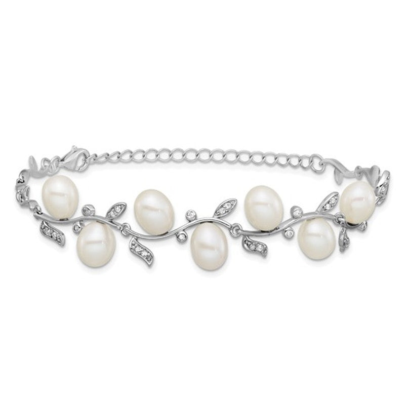 Sterling Silver Rhodium-Plated Teardrop Freshwater Pearl & CZ Leaf Bracelet