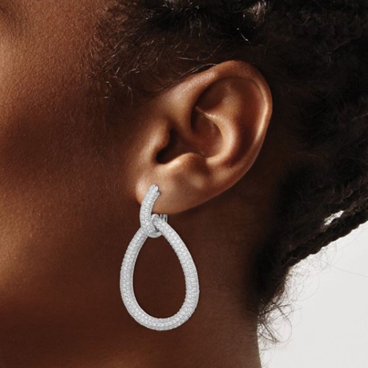 Sterling Silver Rhodium-plated 716 Stone Pavé CZ Hinged Teardrop Hoop Earrings
