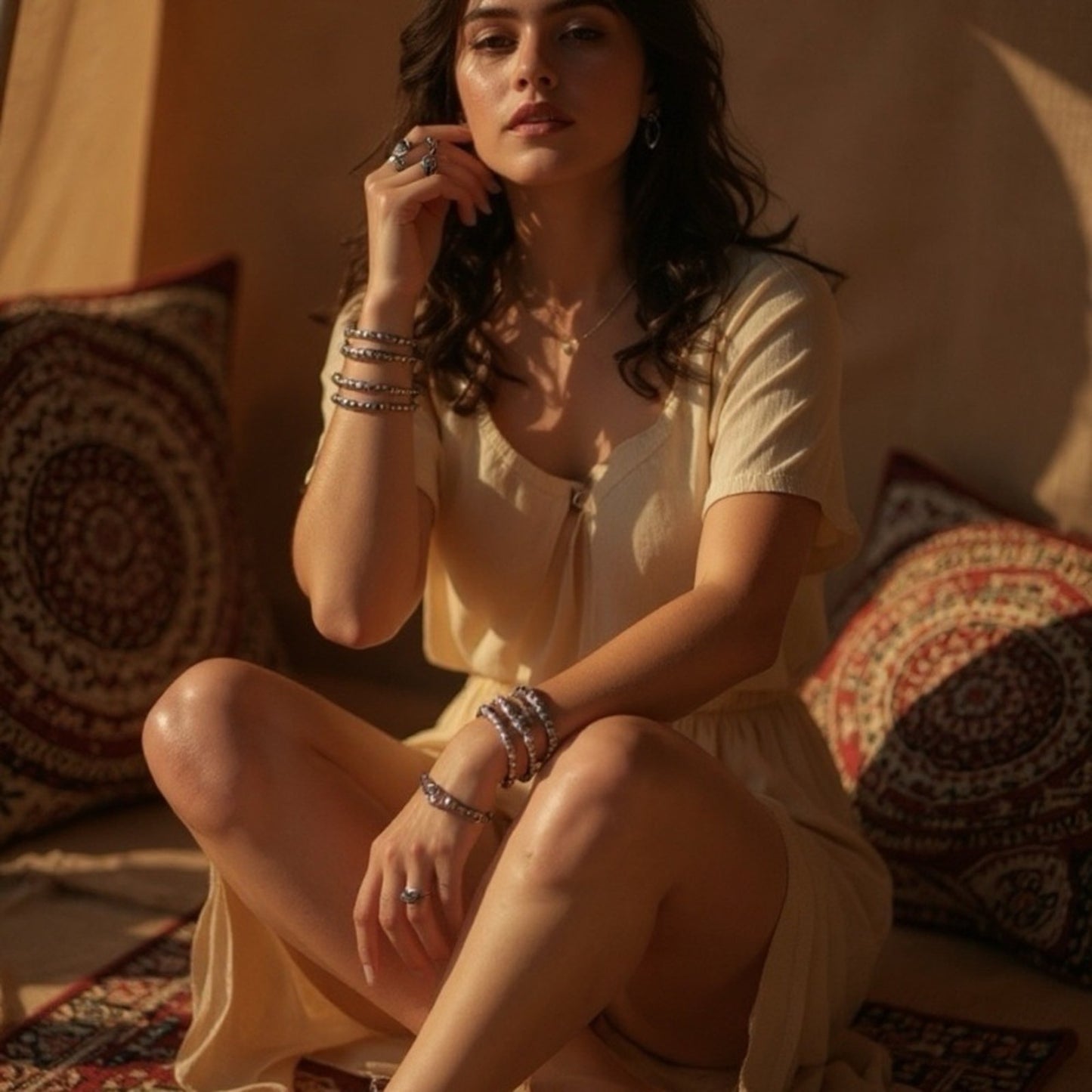 Sterling Silver 6.5in 4.00mm Navajo Style Beaded Stretch Bracelet